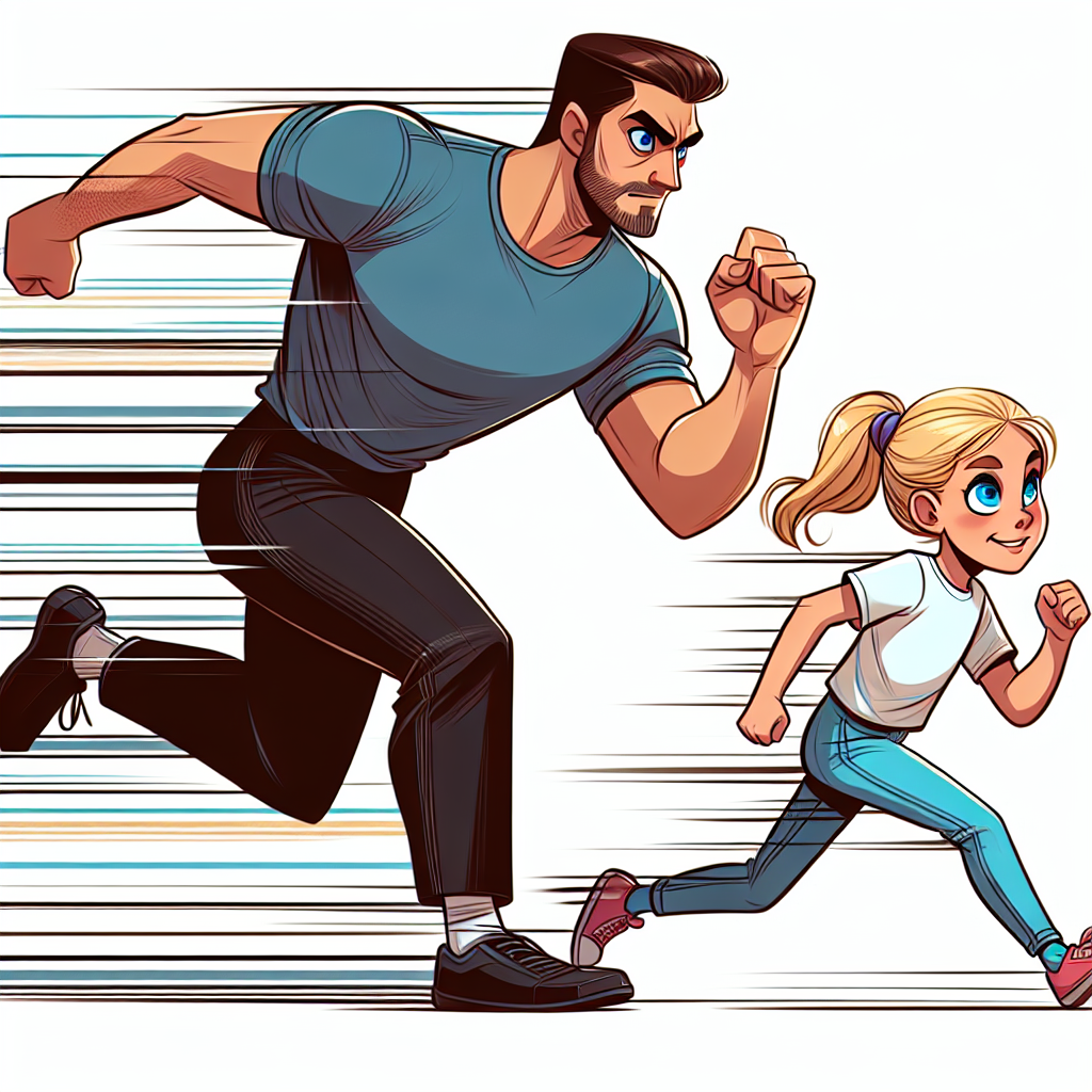 Tall man running behind 10 year old girl with blonde hair and bl Blank Meme Template