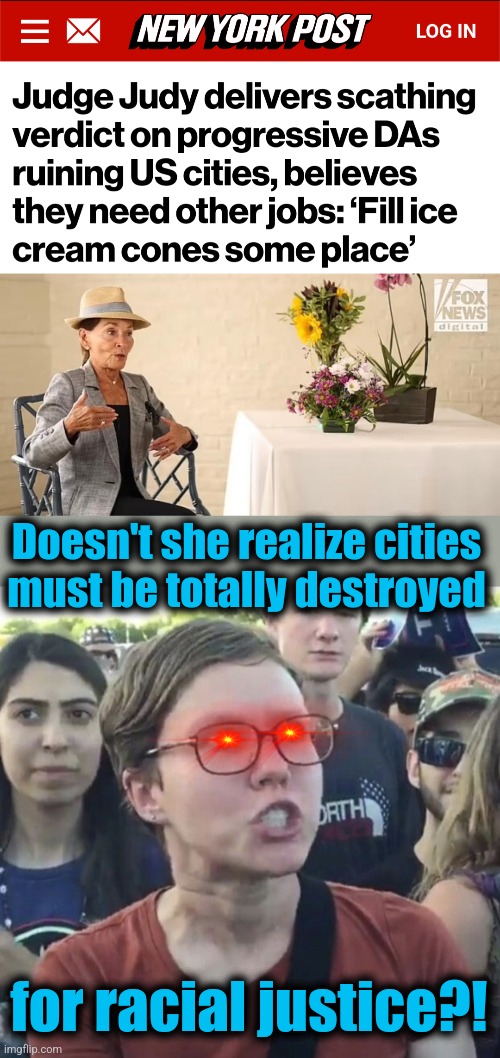 It's like reparations, but you're left with nowhere to live | Doesn't she realize cities
must be totally destroyed; for racial justice?! | image tagged in triggered feminist,memes,judge judy,democrats,cities,joe biden | made w/ Imgflip meme maker