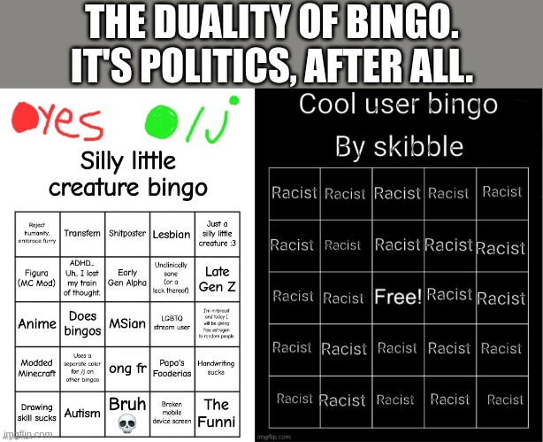THE DUALITY OF BINGO. IT'S POLITICS, AFTER ALL. | image tagged in lol300's silly little creature bingo,cool user bingo | made w/ Imgflip meme maker