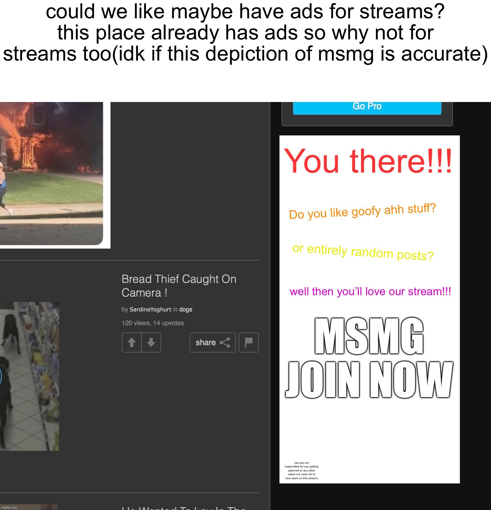 stream ads | could we like maybe have ads for streams? this place already has ads so why not for streams too(idk if this depiction of msmg is accurate); You there!!! Do you like goofy ahh stuff? or entirely random posts? well then you’ll love our stream!!! MSMG
JOIN NOW; (we are not responsible for you getting saturned or any other cases our users do to new users on this stream) | image tagged in tag,imgflip | made w/ Imgflip meme maker