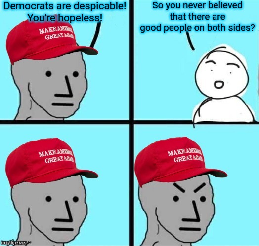 Check & mate. | Democrats are despicable!
You're hopeless! So you never believed that there are good people on both sides? | image tagged in maga npc an an0nym0us template,gotcha,the truth hurts,conservatives,that moment when you realize,republicans | made w/ Imgflip meme maker