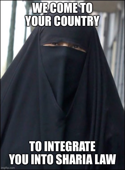 Burka Wearing Muslim Women | WE COME TO YOUR COUNTRY TO INTEGRATE YOU INTO SHARIA LAW | image tagged in burka wearing muslim women | made w/ Imgflip meme maker