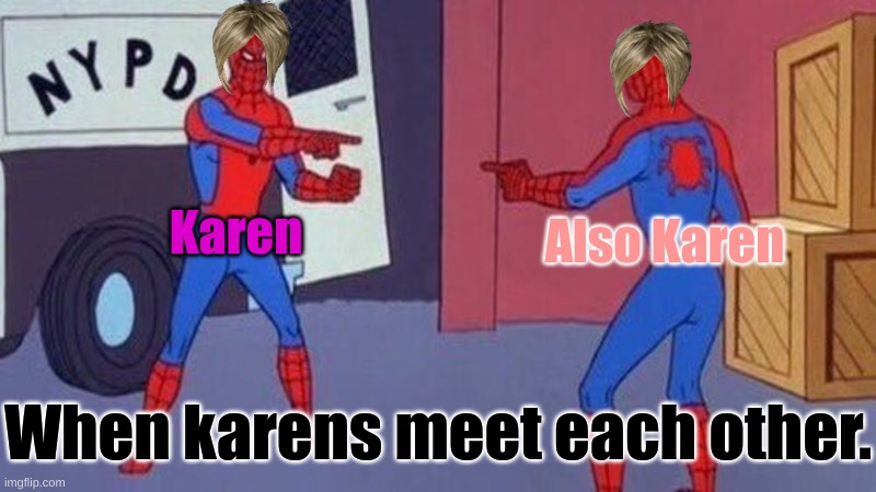spiderman pointing at spiderman | Karen; Also Karen; When karens meet each other. | image tagged in spiderman pointing at spiderman | made w/ Imgflip meme maker