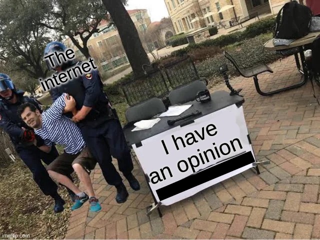 no no no no no | The internet; I have an opinion | image tagged in change my mind guy arrested | made w/ Imgflip meme maker