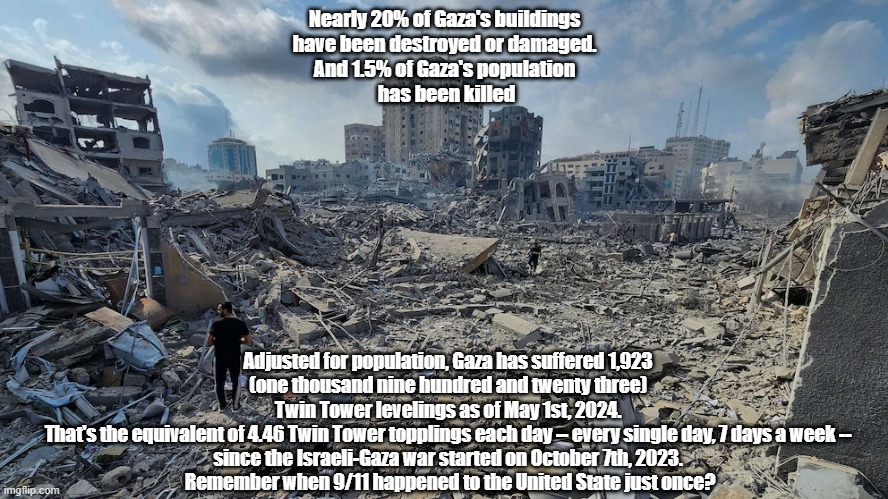 Gaza: Your Tax Dollars At Work | Nearly 20% of Gaza's buildings 
have been destroyed or damaged. 
And 1.5% of Gaza's population 
has been killed; Adjusted for population, Gaza has suffered 1,923 
(one thousand nine hundred and twenty three) 
Twin Tower levelings as of May 1st, 2024. 
That's the equivalent of 4.46 Twin Tower topplings each day -- every single day, 7 days a week -- 
since the Israeli-Gaza war started on October 7th, 2023. 
Remember when 9/11 happened to the United State just once? | image tagged in gaza,biden,netanyahu,genocide,uncle sham | made w/ Imgflip meme maker