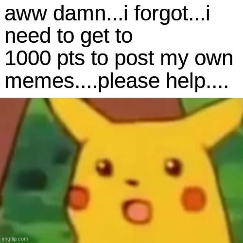Surprised Pikachu Meme | aww damn...i forgot...i need to get to 1000 pts to post my own memes....please help.... | image tagged in memes,surprised pikachu | made w/ Imgflip meme maker