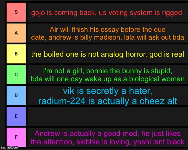 its expanding | gojo is coming back, us voting system is rigged; Air will finish his essay before the due date, andrew is billy madison, lala will ask out bda; the boiled one is not analog horror, god is real; I'm not a girl, bonnie the bunny is stupid, bda will one day wake up as a biological woman; vik is secretly a hater, radium-224 is actually a cheez alt; Andrew is actually a good mod, he just likes the attention, skibble is loving, yoshi isnt black | image tagged in tier list | made w/ Imgflip meme maker