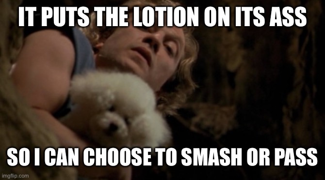 Smash or pass | IT PUTS THE LOTION ON ITS ASS SO I CAN CHOOSE TO SMASH OR PASS | image tagged in silence of the lambs lotion,smash,pass,lotion | made w/ Imgflip meme maker