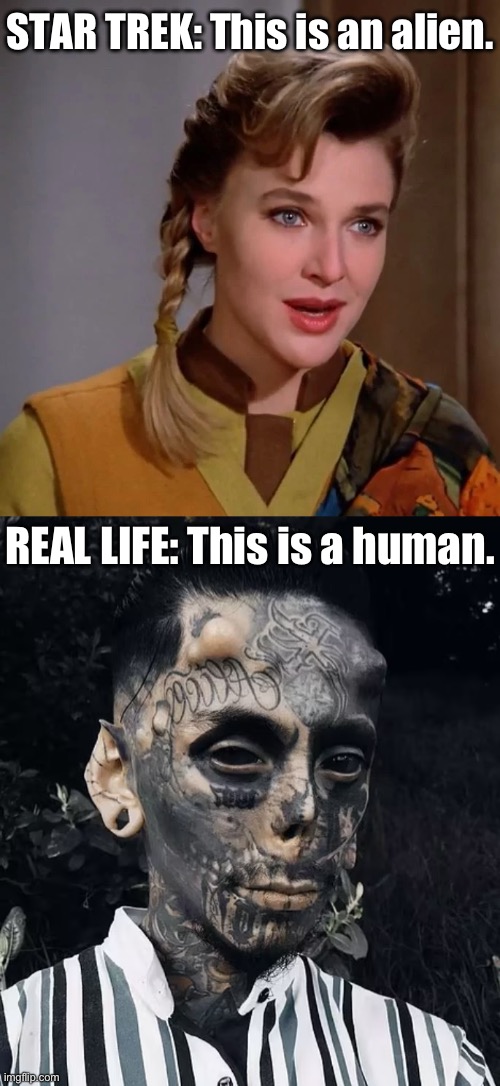 Maybe cast body modders… | STAR TREK: This is an alien. REAL LIFE: This is a human. | image tagged in body modification,star trek,star trek the next generation,alien,human | made w/ Imgflip meme maker