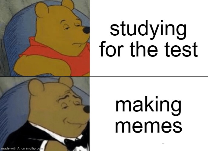 Tuxedo Winnie The Pooh Meme | studying for the test; making memes | image tagged in memes,tuxedo winnie the pooh | made w/ Imgflip meme maker