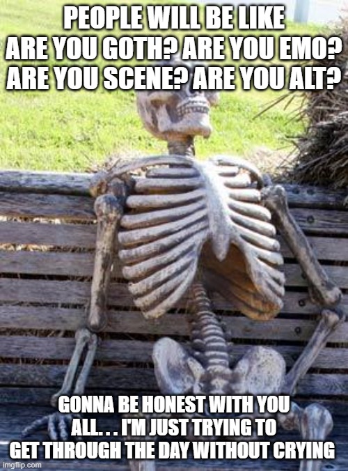 felt like it wasn't right to post this to fun | PEOPLE WILL BE LIKE ARE YOU GOTH? ARE YOU EMO? ARE YOU SCENE? ARE YOU ALT? GONNA BE HONEST WITH YOU ALL. . . I'M JUST TRYING TO GET THROUGH THE DAY WITHOUT CRYING | image tagged in memes,waiting skeleton | made w/ Imgflip meme maker