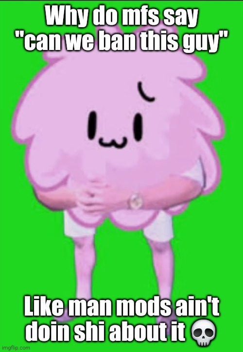 Cursed puffball | Why do mfs say "can we ban this guy"; Like man mods ain't doin shi about it 💀 | image tagged in cursed puffball | made w/ Imgflip meme maker