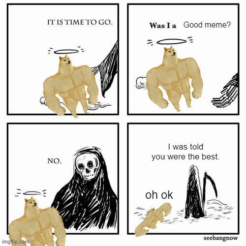 Rest in peace | Good meme? I was told you were the best. oh ok | image tagged in it is time to go,rip,doge,rest in peace,oh wow are you actually reading these tags | made w/ Imgflip meme maker