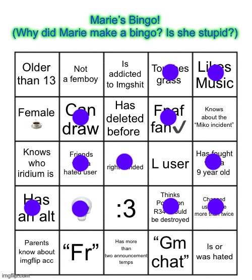 The Marie Bingo! | image tagged in the marie bingo | made w/ Imgflip meme maker