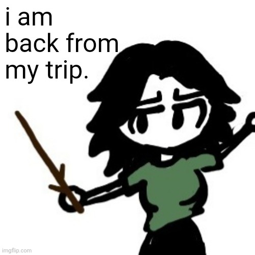 ashley with a stick | i am back from my trip. | image tagged in ashley with a stick | made w/ Imgflip meme maker