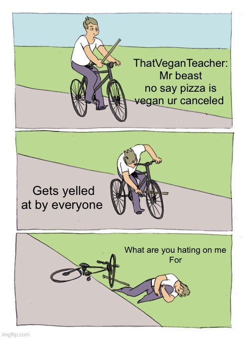 Btw she compared someone who worked a a pet shelter and occasionally ate to h!tler | ThatVeganTeacher: Mr beast no say pizza is vegan ur canceled; Gets yelled at by everyone; What are you hating on me
For | image tagged in memes,bike fall | made w/ Imgflip meme maker