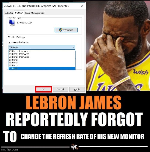 i was bored | CHANGE THE REFRESH RATE OF HIS NEW MONITOR | image tagged in lebron james reportedly forgot to | made w/ Imgflip meme maker