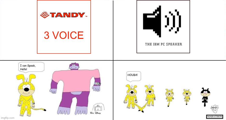 The Disney version loves The Tandy 3-Voice and The Marathon version loves The IBM PC-Speaker | image tagged in ms-dos,audio,tandy computers,ibm computers,tandy 3-voice,ibm pc speaker | made w/ Imgflip meme maker