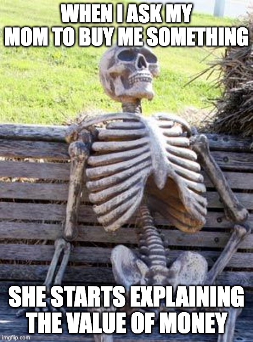 sigma meal | WHEN I ASK MY MOM TO BUY ME SOMETHING; SHE STARTS EXPLAINING THE VALUE OF MONEY | image tagged in memes,waiting skeleton | made w/ Imgflip meme maker