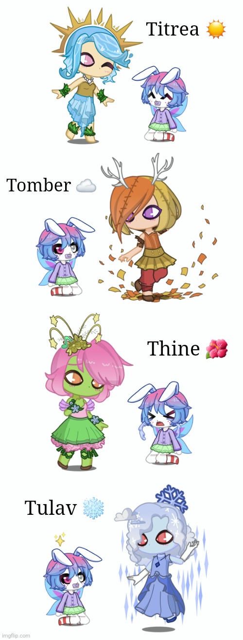 Baby Azzia + Season Guardians | Titrea ☀️; Tomber ☁️; Thine 🌺; Tulav ❄️ | made w/ Imgflip meme maker