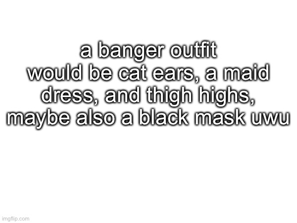 maybe short skirt instead of maid dress | a banger outfit would be cat ears, a maid dress, and thigh highs, maybe also a black mask uwu | made w/ Imgflip meme maker