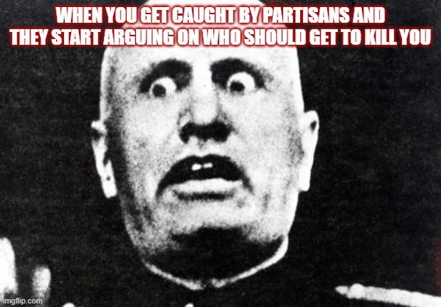 hate it when that happens don't ya? | WHEN YOU GET CAUGHT BY PARTISANS AND THEY START ARGUING ON WHO SHOULD GET TO KILL YOU | image tagged in mussolini jpeg | made w/ Imgflip meme maker
