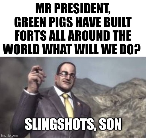 nanomachines, son | MR PRESIDENT, GREEN PIGS HAVE BUILT FORTS ALL AROUND THE WORLD WHAT WILL WE DO? SLINGSHOTS, SON | made w/ Imgflip meme maker