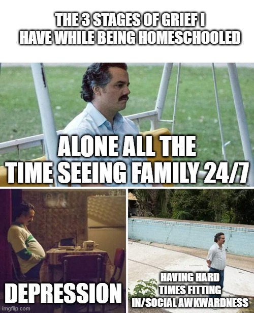 and lack of friends | THE 3 STAGES OF GRIEF I HAVE WHILE BEING HOMESCHOOLED; ALONE ALL THE TIME SEEING FAMILY 24/7; HAVING HARD TIMES FITTING IN/SOCIAL AWKWARDNESS; DEPRESSION | image tagged in memes,sad pablo escobar,life as a homeschooler,not bad all the time | made w/ Imgflip meme maker