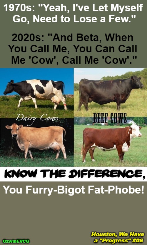 Houston, We Have a "Progress" #06 | 1970s: "Yeah, I've Let Myself 

Go, Need to Lose a Few."; 2020s: "And Beta, When 

You Call Me, You Can Call 

Me 'Cow', Call Me 'Cow'."; , You Furry-Bigot Fat-Phobe! Houston, We Have 

a "Progress" #06; OzwinEVCG | image tagged in lawnmower haircut,myth of progress,furries,fat shame,houston we have a problem,clown world afro | made w/ Imgflip meme maker
