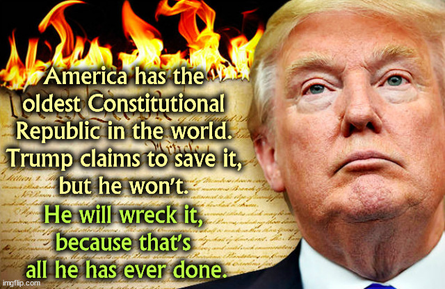 Everything Trump touches dies. | America has the 
oldest Constitutional 
Republic in the world. 
Trump claims to save it, 
but he won't. He will wreck it, 
because that's 
all he has ever done. | image tagged in trump and republicans burning the constitution,constitution,republic,trump,destroy | made w/ Imgflip meme maker