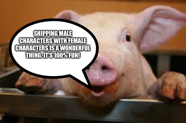 The Pig of wisdom loves Shipping Male characters with Female characters | SHIPPING MALE CHARACTERS WITH FEMALE CHARACTERS IS A WONDERFUL THING. IT'S 100% FUN! | image tagged in happy pig | made w/ Imgflip meme maker