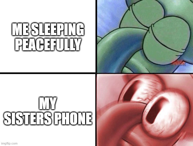 my sister's phone sucks | ME SLEEPING PEACEFULLY; MY SISTERS PHONE | image tagged in sleeping squidward | made w/ Imgflip meme maker