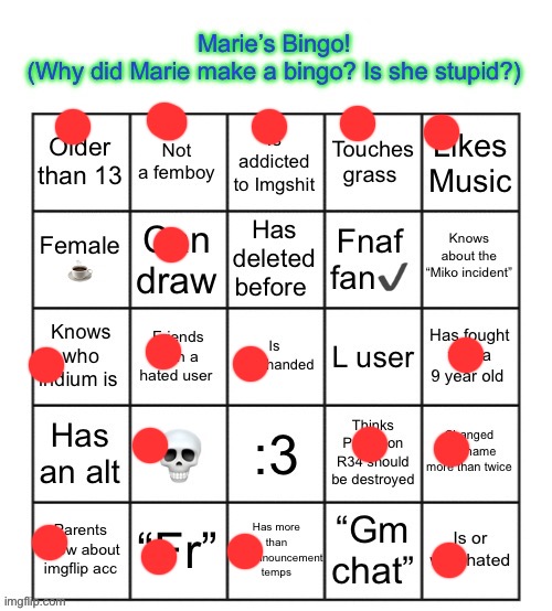 The Marie Bingo! | image tagged in the marie bingo | made w/ Imgflip meme maker