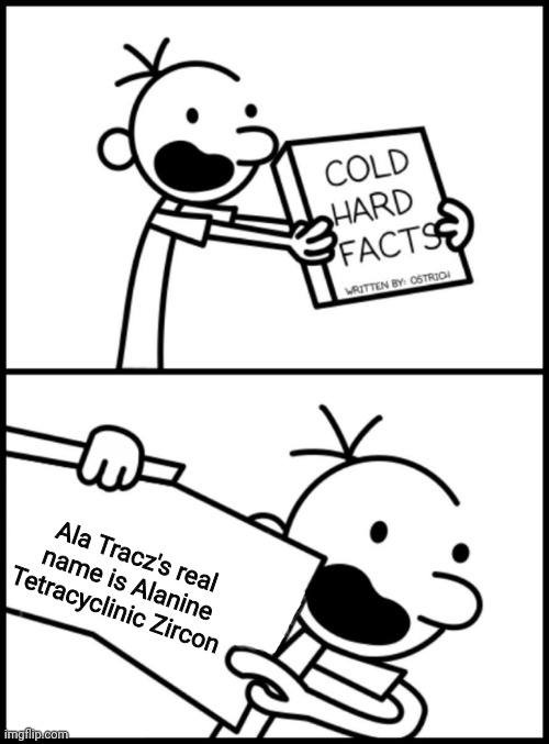 Or Alanine Tetracycline Zircon | Ala Tracz's real name is Alanine Tetracyclinic Zircon | image tagged in greg heffley cold hard facts,funny,polish,singer | made w/ Imgflip meme maker