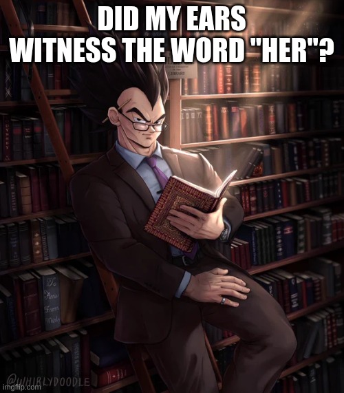 Librarian Vegeta | DID MY EARS WITNESS THE WORD "HER"? | image tagged in librarian vegeta | made w/ Imgflip meme maker