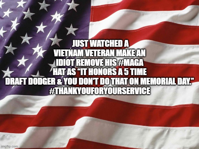 American Flag | JUST WATCHED A VIETNAM VETERAN MAKE AN IDIOT REMOVE HIS #MAGA HAT AS “IT HONORS A 5 TIME DRAFT DODGER & YOU DON'T DO THAT ON MEMORIAL DAY.”
#THANKYOUFORYOURSERVICE | image tagged in american flag | made w/ Imgflip meme maker