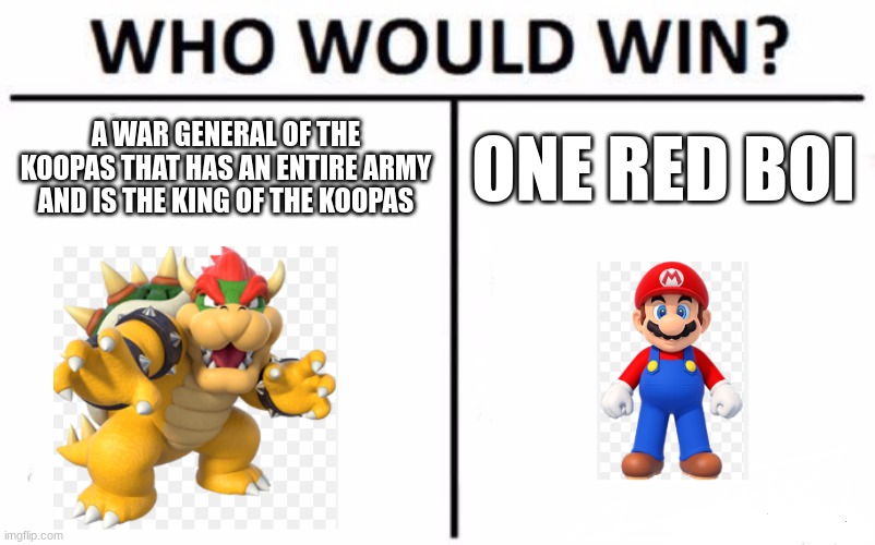 Who Would Win? | A WAR GENERAL OF THE KOOPAS THAT HAS AN ENTIRE ARMY AND IS THE KING OF THE KOOPAS; ONE RED BOI | image tagged in memes,who would win | made w/ Imgflip meme maker