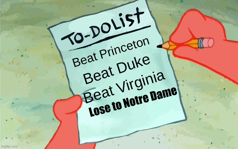 Maryland: | Beat Princeton; Beat Duke; Beat Virginia; Lose to Notre Dame | image tagged in patrick to do list actually blank | made w/ Imgflip meme maker