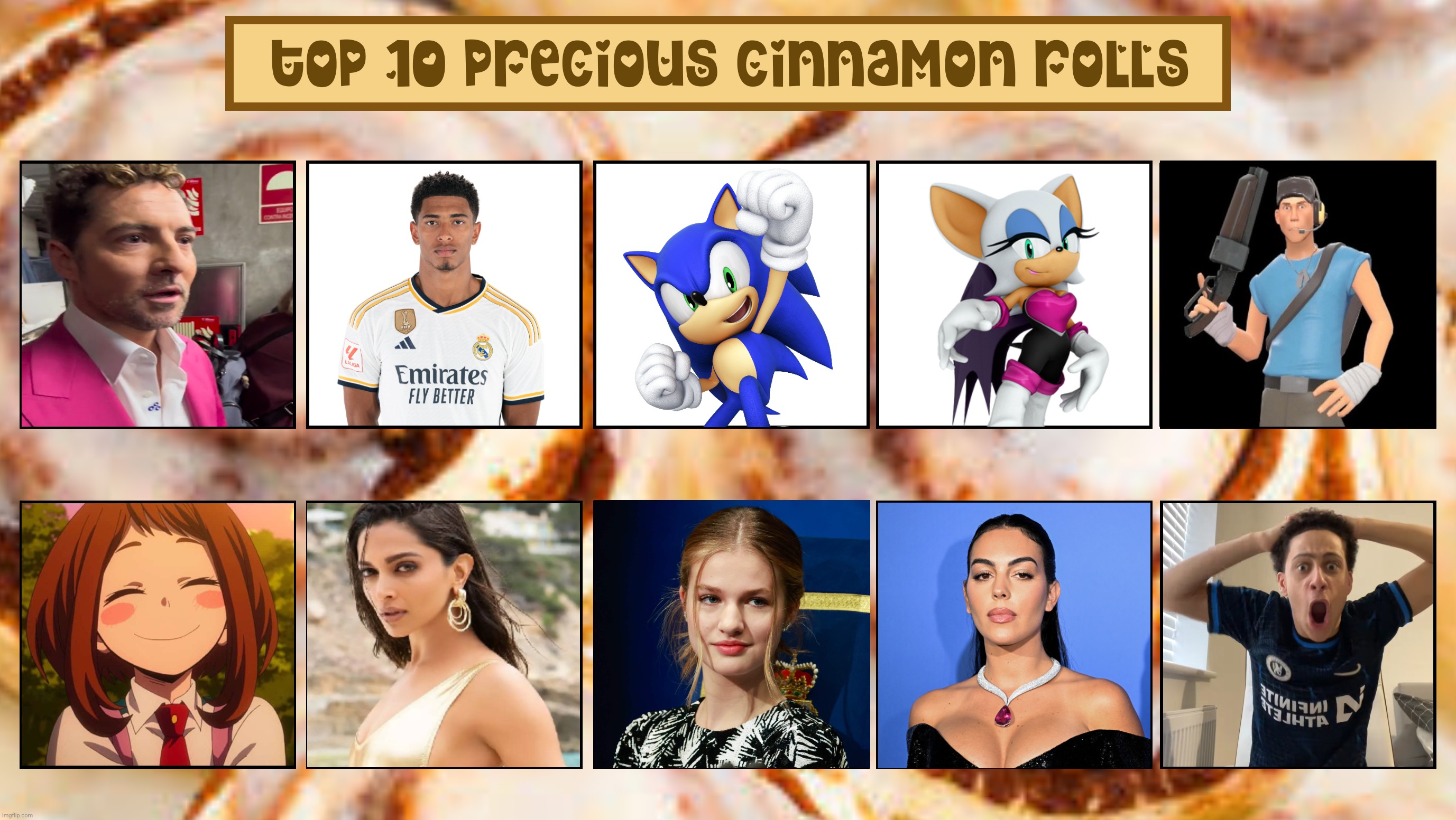 MAH Top 10 Cinnamon Rolls (devious meme template) | image tagged in cinnamon rolls,sonic,david bisbal,jude bellingham,young kippa,memes | made w/ Imgflip meme maker