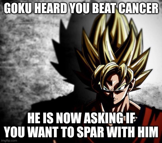Uhh i still have cancer | GOKU HEARD YOU BEAT CANCER; HE IS NOW ASKING IF YOU WANT TO SPAR WITH HIM | image tagged in goku stare,cancer,goku,run | made w/ Imgflip meme maker