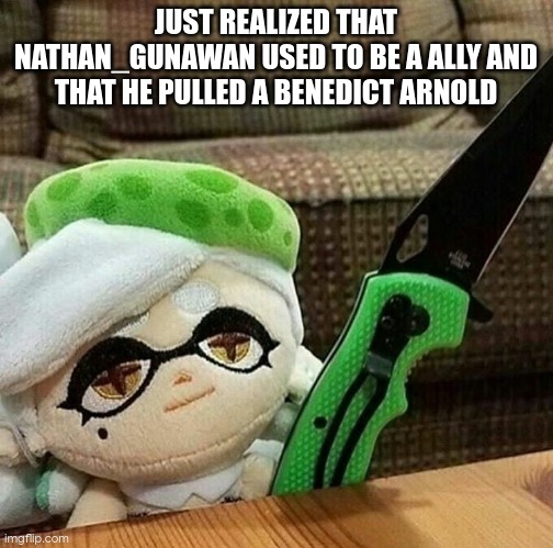 Marie plush with a knife | JUST REALIZED THAT NATHAN_GUNAWAN USED TO BE A ALLY AND THAT HE PULLED A BENEDICT ARNOLD | image tagged in marie plush with a knife | made w/ Imgflip meme maker