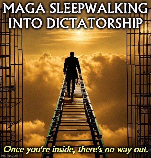 MAGA SLEEPWALKING INTO DICTATORSHIP; Once you're inside, there's no way out. | image tagged in trump,maga,republicans,dictator,hell | made w/ Imgflip meme maker