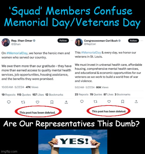 AOC & Rashida Tlaib didn't post anything at all as of Monday afternoon | ‘Squad’ Members Confuse 
Memorial Day/Veterans Day; Are Our Representatives This Dumb? | image tagged in politics,squad,leftists,confused,dumb people,memorial day | made w/ Imgflip meme maker