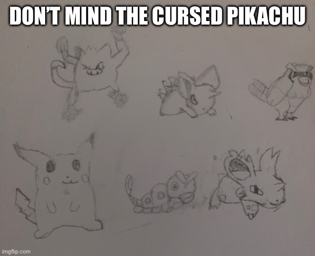A drawing of my party from my Pokémon yellow nuzlock | DON’T MIND THE CURSED PIKACHU | made w/ Imgflip meme maker