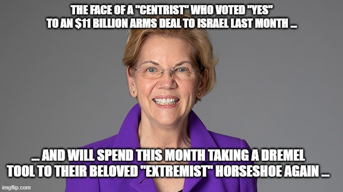 sen-warren | THE FACE OF A "CENTRIST" WHO VOTED "YES" TO AN $11 BILLION ARMS DEAL TO ISRAEL LAST MONTH ... ... AND WILL SPEND THIS MONTH TAKING A DREMEL TOOL TO THEIR BELOVED "EXTREMIST" HORSESHOE AGAIN ... | image tagged in sen-warren | made w/ Imgflip meme maker
