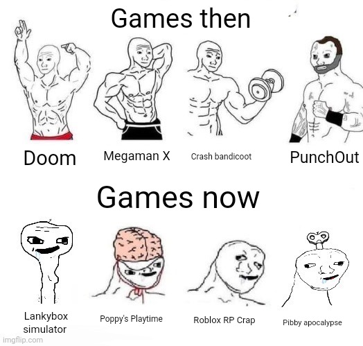 X in the Past vs. X Now | Games then; PunchOut; Megaman X; Crash bandicoot; Doom; Games now; Poppy's Playtime; Roblox RP Crap; Lankybox simulator; Pibby apocalypse | image tagged in x in the past vs x now | made w/ Imgflip meme maker