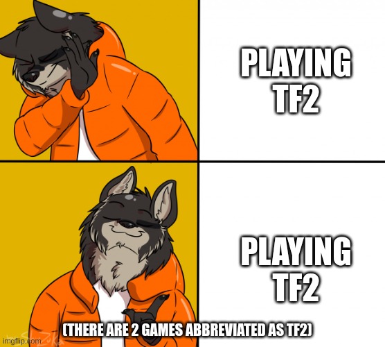 TF2 | PLAYING TF2; PLAYING TF2; (THERE ARE 2 GAMES ABBREVIATED AS TF2) | image tagged in furry drake hotline bling,titanfall 2,team fortress 2,furry | made w/ Imgflip meme maker