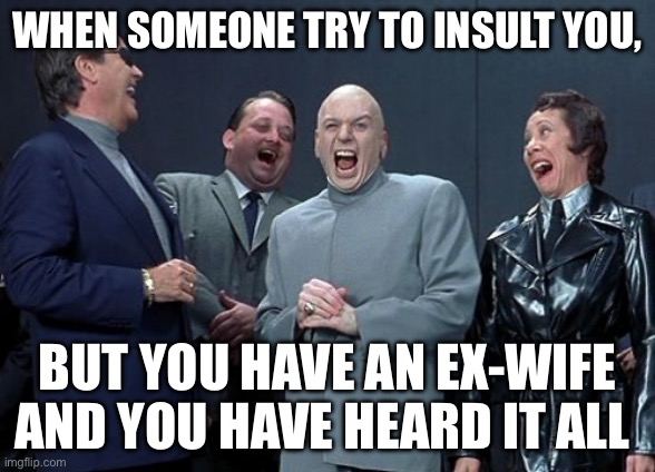 Laughing Villains | WHEN SOMEONE TRY TO INSULT YOU, BUT YOU HAVE AN EX-WIFE AND YOU HAVE HEARD IT ALL | image tagged in memes,laughing villains,divorce | made w/ Imgflip meme maker