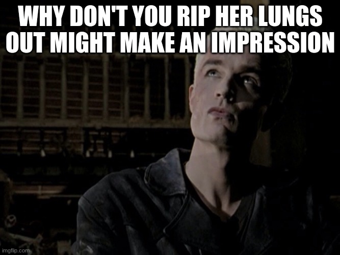 spike | WHY DON'T YOU RIP HER LUNGS OUT MIGHT MAKE AN IMPRESSION | image tagged in spike | made w/ Imgflip meme maker