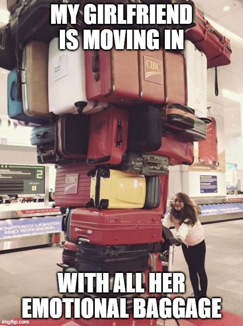 Luggage | MY GIRLFRIEND IS MOVING IN; WITH ALL HER EMOTIONAL BAGGAGE | image tagged in luggage,girlfriend | made w/ Imgflip meme maker